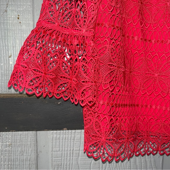 Talbots Petites lace top, bright red w/ see-through sleeves, zipper on left side - Picture 3 of 9